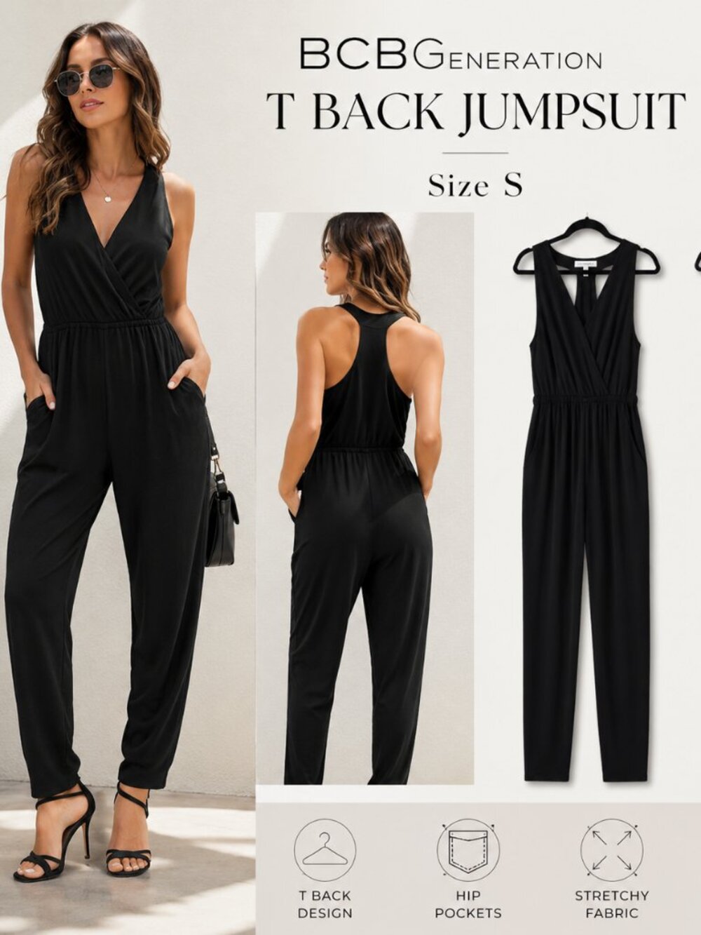 BCBGeneration Black T Back Elastic Waist Stretchy Hip Pockets Jumpsuit Size S